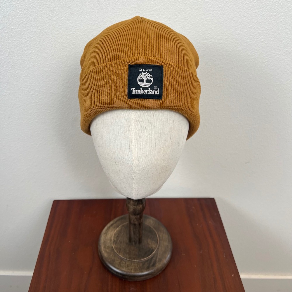 Timberland Wheat Yellow Ribbed Knit Cuffed Beanie Hat OS Logo Patch 1973